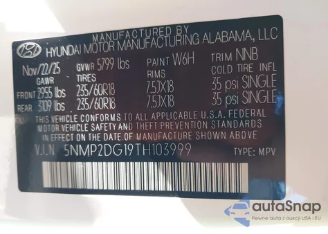 2026 Hyundai Santa Fe Hybrid Sel z USA, uszkodzony, nr VIN 5NMP2DG19TH103999